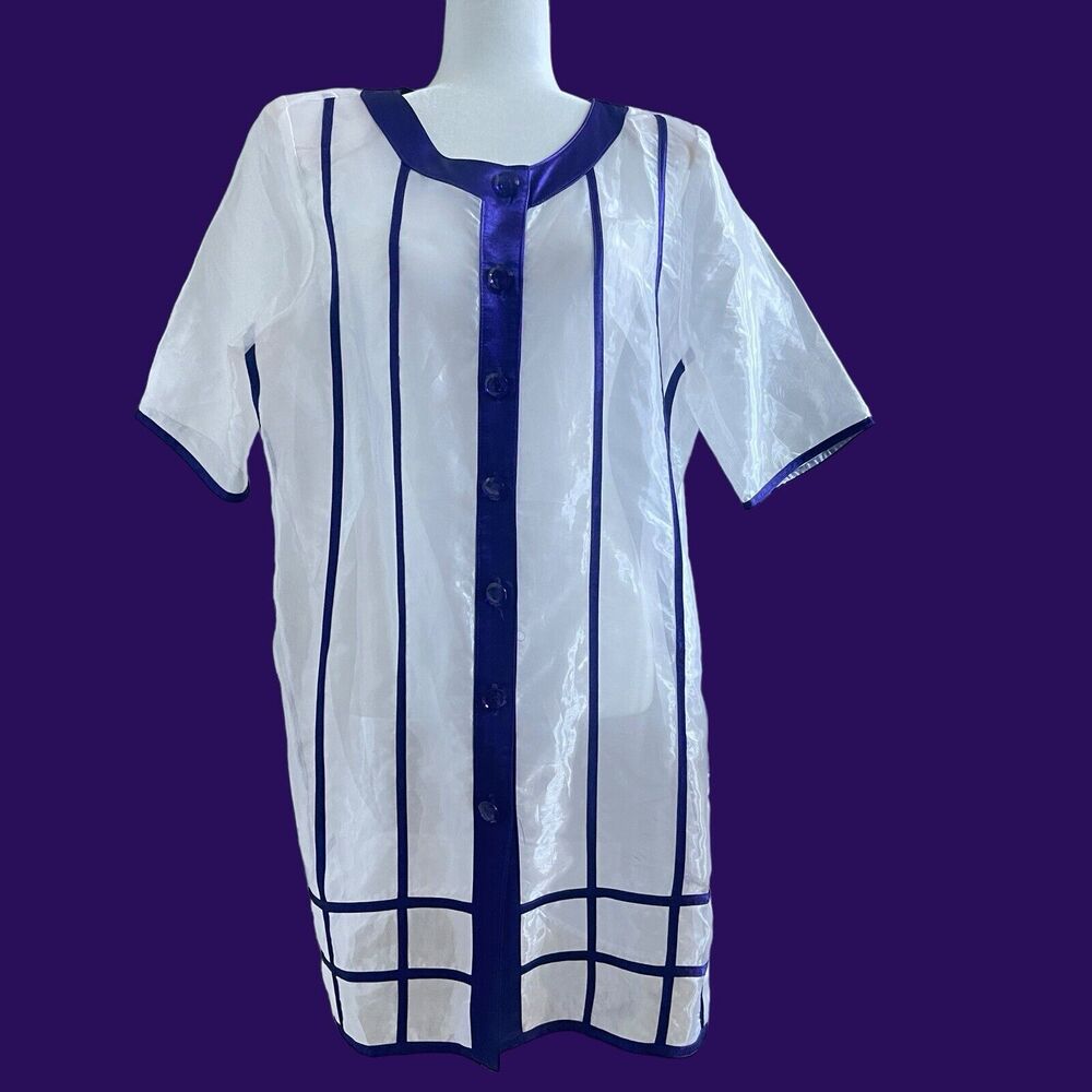 Dolce‎ Tunic Womens Large Sheer Purple Button Up Shoulder Pad Vintage Rayon
